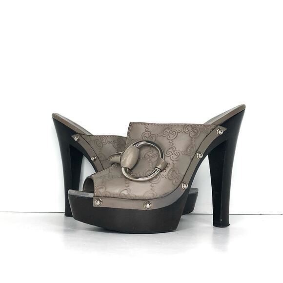 Gucci Hasler Horsebit GG Monogram Leather Platform Mule Clogs Sandals 36.5 - Picture 2 of 11